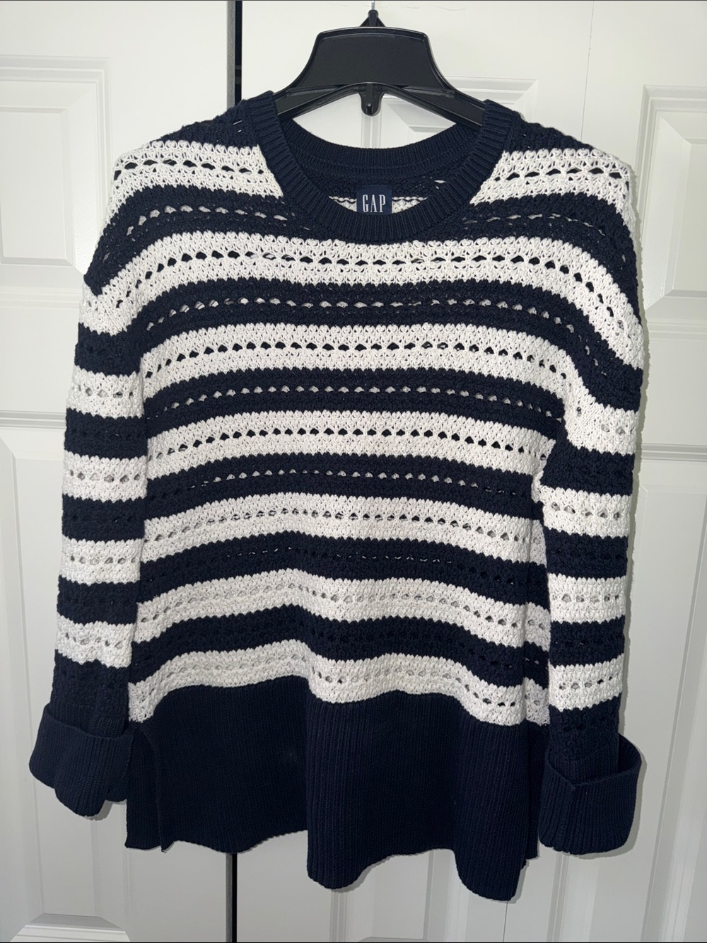 GAP Navy and White Striped Openwork Crewneck Sweater